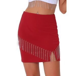 Sparkly Fringe Skirt High Waist Split Mini Pencil Skirts Red